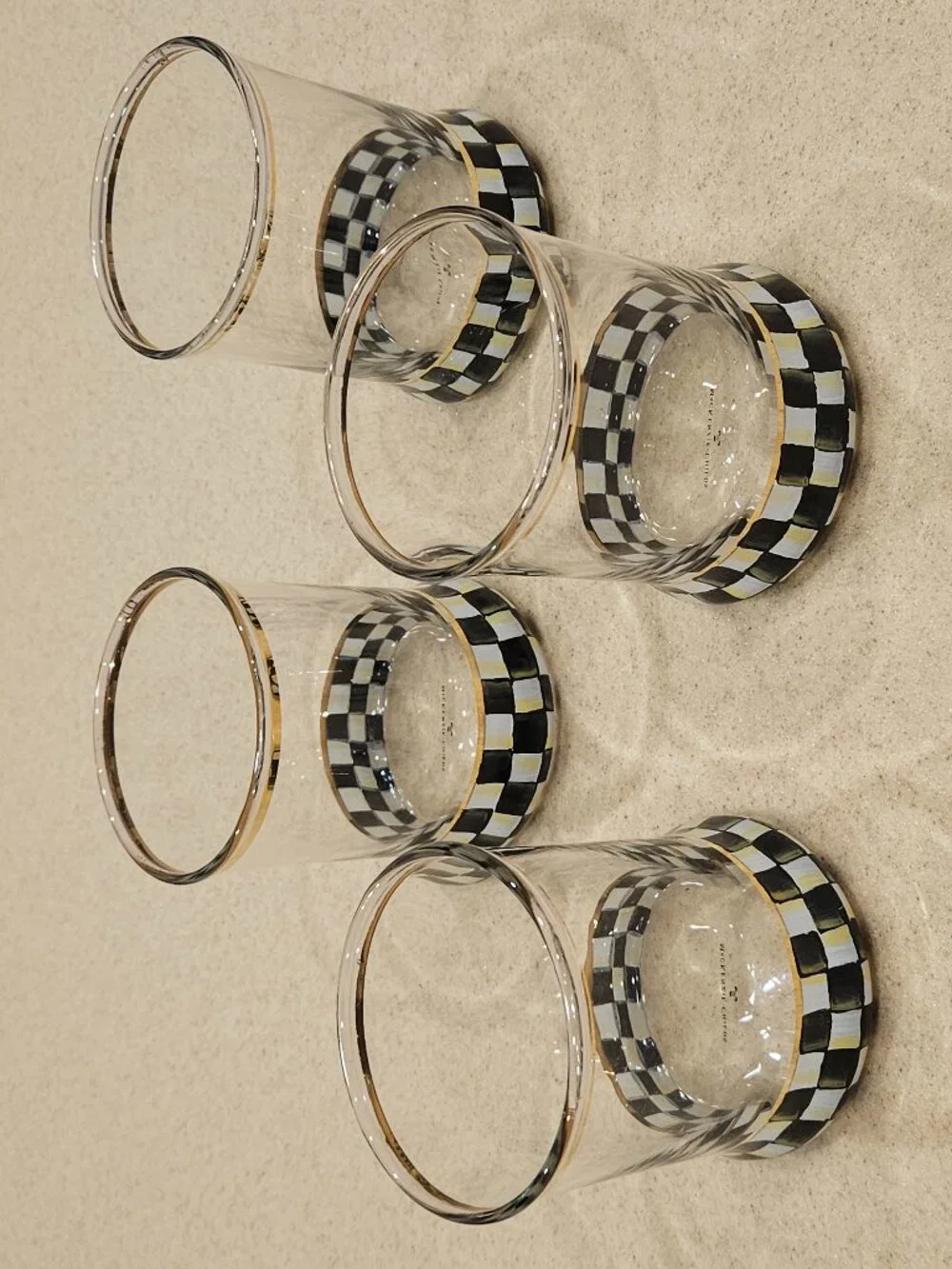 4 RETIRED MACKENZIE CHILDS COURTLY CHECK DOf BAR WATER DRINKING GLASS TUMBLER